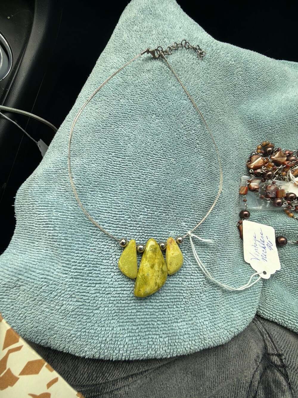 Vintage Sterling 925 Necklace with Triple Tasmanian Atlantisite Gem Pendant